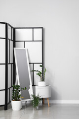 Folding screen with mirror and houseplants near light wall