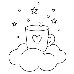 Cup with hearts and stars on a cloud. Doodle style contour drawing of mug. Morning or evening cup of tea or coffee. A mood of calm, a moment of pleasure. Black outlines isolated on a white. Vector.