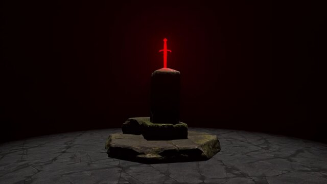 A fiery sword is stuck into a stone altar, which stands on a granite floor and rotates clockwise with it in a dark room.