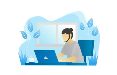 Flat design illustration of a man working from home during a pandemic.