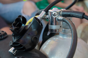 Diving equipment. Preparation of diving equipment. mouthpiece close-up.