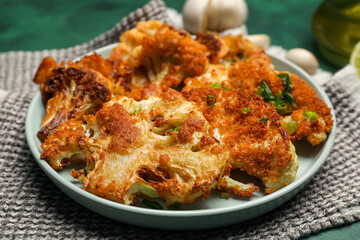 Plate with tasty fried cauliflower on color background, closeup