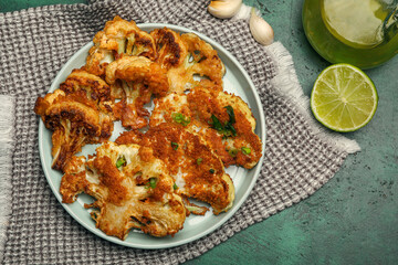 Plate with tasty fried cauliflower on color background