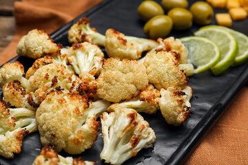 Board with tasty fried cauliflower and olives on table, closeup