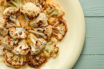 Plate with tasty fried cauliflower and cheese on color wooden background, closeup