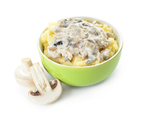 Bowl with tasty mashed potatoes and mushrooms on white background