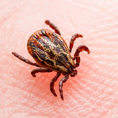 Infectious Encephalitis Tick Insect Crawling on Skin. Encephalitis Virus or Lyme Borreliosis Disease Infected Dermacentor Tick Arachnid Parasite Macro.