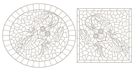 A set of contour illustrations in the style of stained glass with abstract crayfish, dark contours on a white background