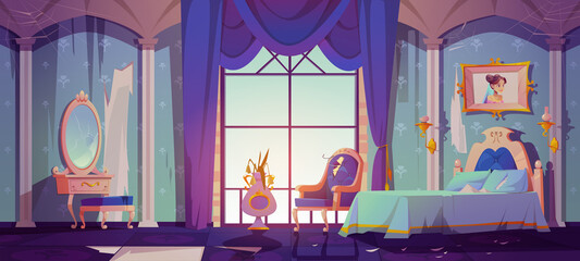 Abandoned princess bedroom interior, dilapidated room with broken vintage furniture, bed, ragged wallpaper or rug, ramshackle decor, spiderweb and scatter splinter around. Cartoon vector illustration © klyaksun