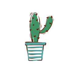 Cactus in a striped pot hand-drawn illustration. Vector