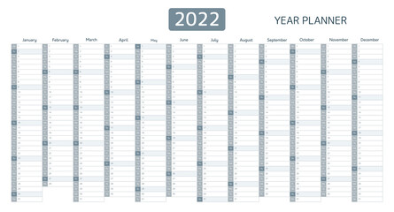 2022 year planner, calendar with monthly vertical grid. Template planner for schedule, events and holidays. Vector business organizer, calender grid in minimal gray style