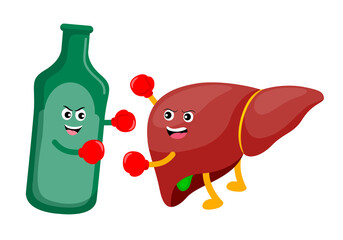 Human liver cartoon character fighing with alcohol drink. Alcohol related liver disease. Vector illustration