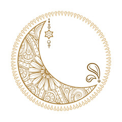 Golden crescent moon illustration. Ethnic style vector graphic.