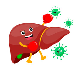 Human liver with health problem. Liver cartoon character. Vector illustration. World hepatitis day.