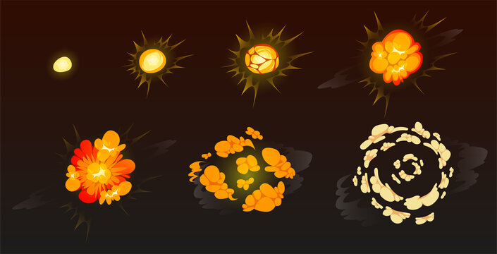 Cartoon bomb explosion storyboard. Clouds, boom and smoke animation frame for mobile game. Dynamite danger explosive detonation, atomic comics fire motion isolated vector explode on black background