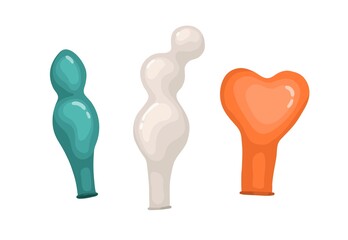 Empty deflated rubber air balloons. Uninflated latex ballons of various colors and shapes. Not inflated baloons for decoration. Flat vector illustration of inflatable decor isolated on white