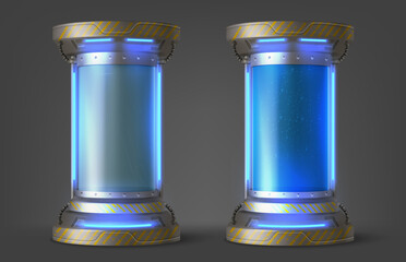 Cryonics capsules, empty and full futuristic containers, glass tubes with cryogenic liquid for hibernation. Scientific technology camera, Sci-fi laboratory equipment, Realistic 3d vector illustration © klyaksun