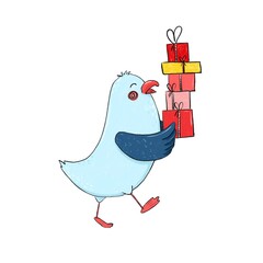 red, gift, card, happy, merry, celebration, hat, winter, new year, claus, santa, cheerful, xmas, character, holiday, design, christmas, greeting, gifts, holidays, seagull, cock, cockerel, clipart, fre