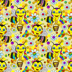 Seamless pattern with cute cartoon bees, flowers and honeycombs, an insect on a yellow background
