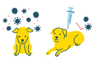 ウィルスに感染する犬と注射をする犬のイラスト