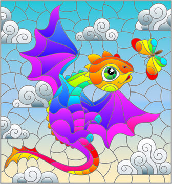 Stained glass illustration with bright rainbow cartoon dragon against a cloudy blue cloudy  sky, rectangular image