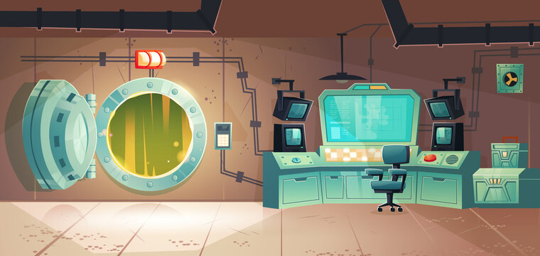 Underground bunker, scientific laboratory for secret project research. Headquarters base control room or command post with open vault door, information screen, red button Cartoon vector illustration