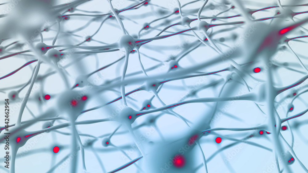 Poster Inside, data processing. Brain under microscope 3D illustration. Neural connections, neural network, electrical impulses in brain