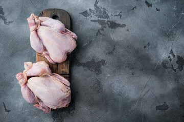 Raw organic uncooked whole chicken, on gray background, top view with copy space for text