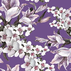 Obraz na płótnie Canvas Jasmine flowers and lilies watercolor in dark purple background seamless pattern for all prints.