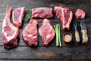 Variety of raw beef meat steaks for grilling with seasoning and utensils, tomahawk, t bone, club...