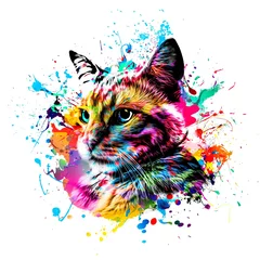 Zelfklevend Fotobehang maine coon colorful artistic cat muzzle with bright paint splatters on white background. © reznik_val