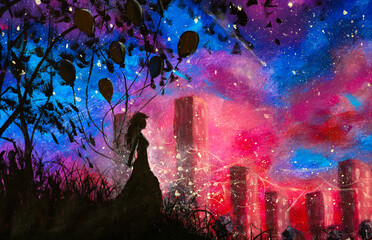 Oil acrylic modern painting silhouette of girl with balloons on background of night city artwork. Night fantasy landscape illustration with blue purple starry sky impressionism art