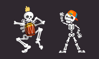 Bony Skeleton Character Waving Limb and Playing Drum Vector Set