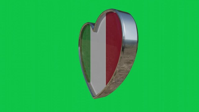Flag of the Italia in the shape of 3D heart.Looped video of 360 degrees rotation. Metallic heart with glass and relief elements of the country flag. Animation with green screen.