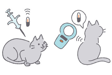Fototapeta na wymiar マイクロチップを装着する猫と読み取る猫のイラスト