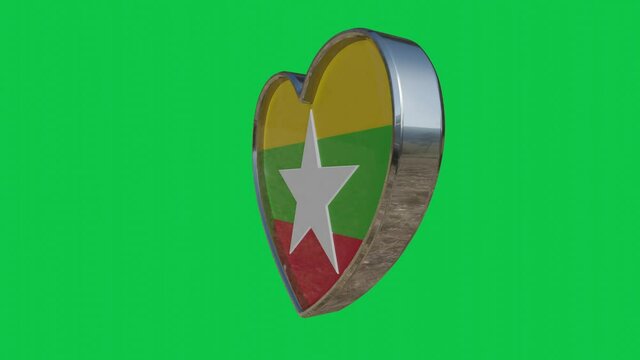 Flag of the Myanma in the shape of 3D heart.Looped video of 360 degrees rotation. Metallic heart with glass and relief elements of the country flag. Animation with green screen.