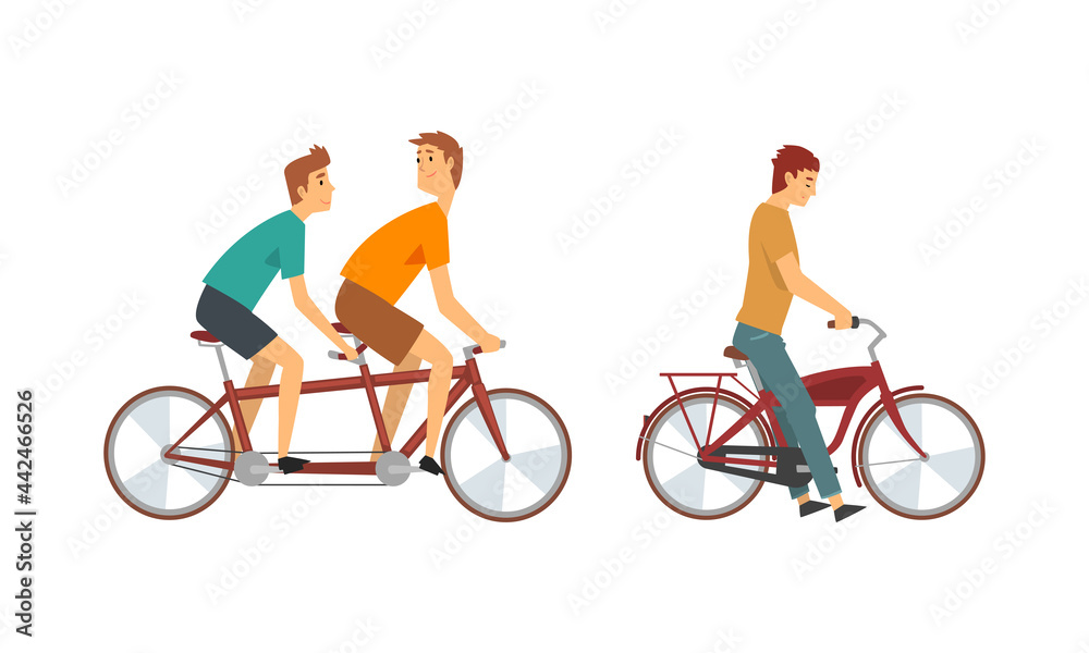 Sticker young man riding bicycle enjoying vacation or weekend activity vector set