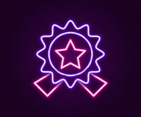 Glowing neon line Medal with star icon isolated on black background. Winner achievement sign. Award medal. Colorful outline concept. Vector