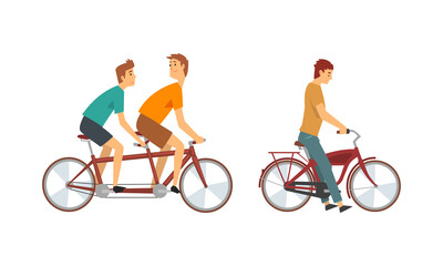 Young Man Riding Bicycle Enjoying Vacation or Weekend Activity Vector Set