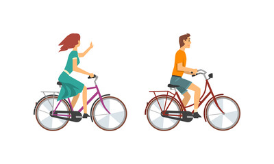 Young Man and Woman Riding Bicycle Enjoying Vacation or Weekend Activity Vector Set