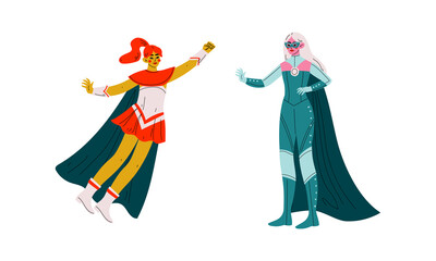 Superhero Woman Character Wearing Cloak Having Superpower Vector Set