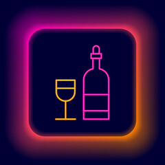 Glowing neon line Wine bottle with glass icon isolated on black background. Colorful outline concept. Vector