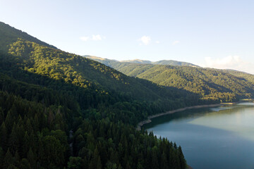 Obraz na płótnie Canvas Aerial view of big lake with clear blue water between high mountain hills covered with dense evergreen forest.