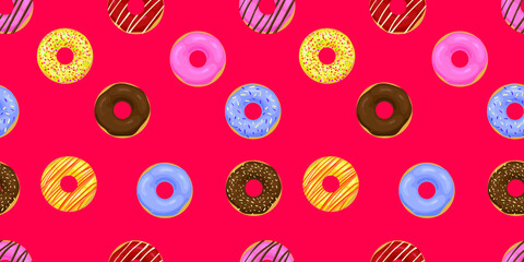 Vector colorful seamless pattern, DONUTS, bright colors, different donuts on bright magenta background.
