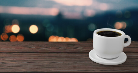 Panoramic view of white coffee cup on saucer on right side image on old wooden table textured with bokeh light effect