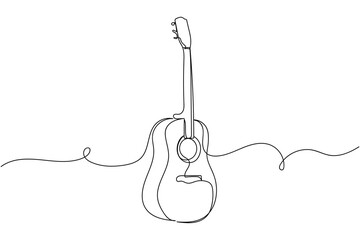 Continuous one line of acoustic guitar in silhouette on a white background. Linear stylized.Minimalist. - obrazy, fototapety, plakaty