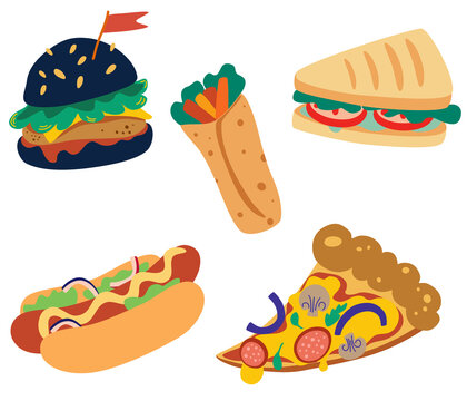 Junk Street Food Set. Burger, Hamburger, Pizza, Sandwich, Burrito And Hot Dog. Traditional Takeaway Food In Chain Fast Food Cafes. High Calorie. Vector Illustration Isolated On A White Background