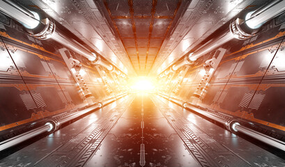 White and silver futuristic spaceship interior with window view on planet Earth 3d rendering © sdecoret