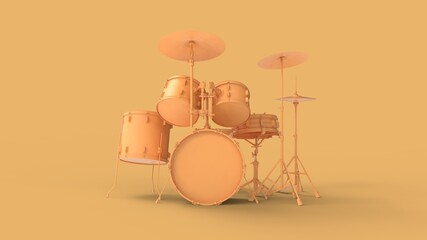 Fototapeta na wymiar Musical drum kit set of modern pop rock metal minimal equipment with trendy classic yellow color isolated front view 3d rendering image