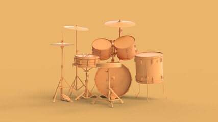 Obraz na płótnie Canvas Musical drum kit set of modern pop rock metal minimal equipment with trendy classic yellow color isolated back view 3d rendering image